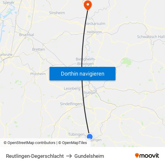 Reutlingen-Degerschlacht to Gundelsheim map