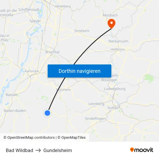 Bad Wildbad to Gundelsheim map