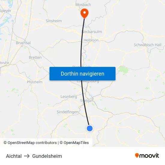 Aichtal to Gundelsheim map