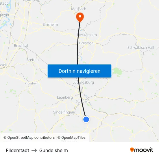 Filderstadt to Gundelsheim map