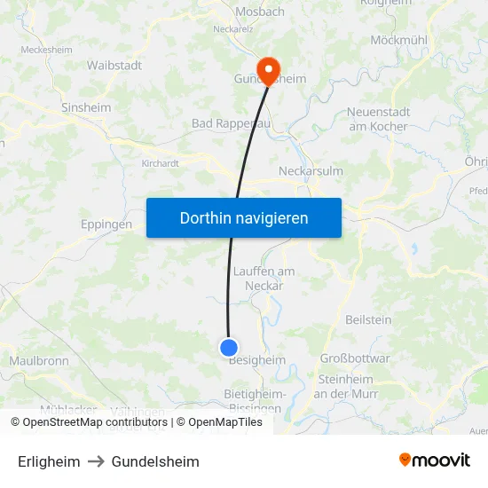 Erligheim to Gundelsheim map