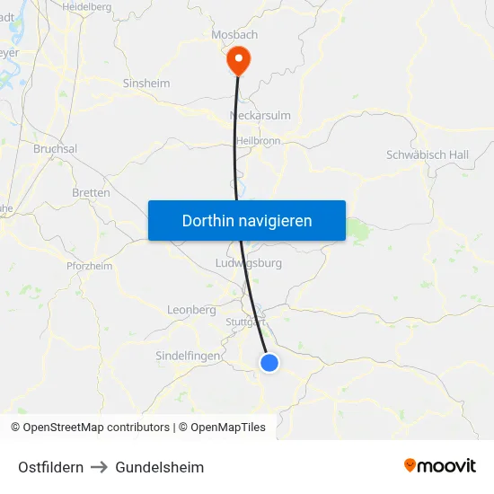 Ostfildern to Gundelsheim map