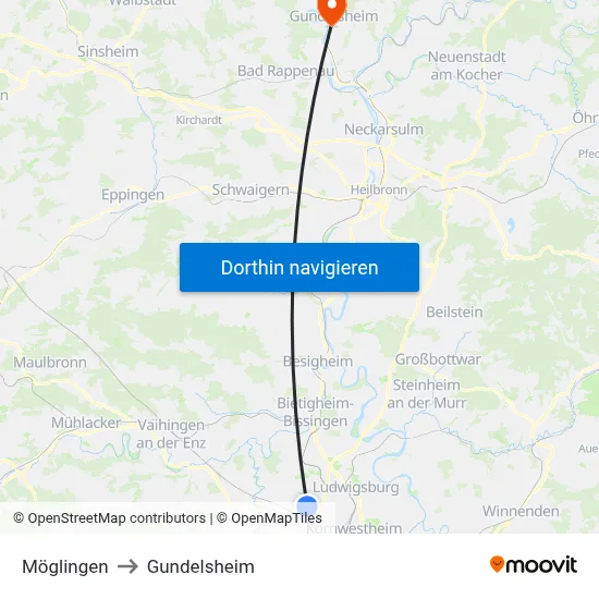 Möglingen to Gundelsheim map
