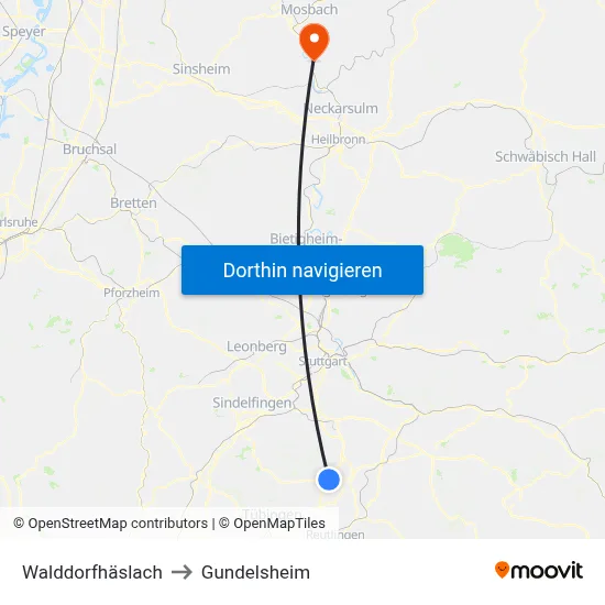 Walddorfhäslach to Gundelsheim map