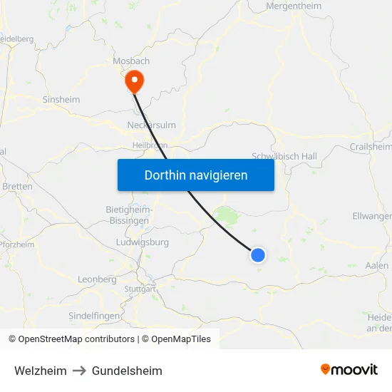 Welzheim to Gundelsheim map