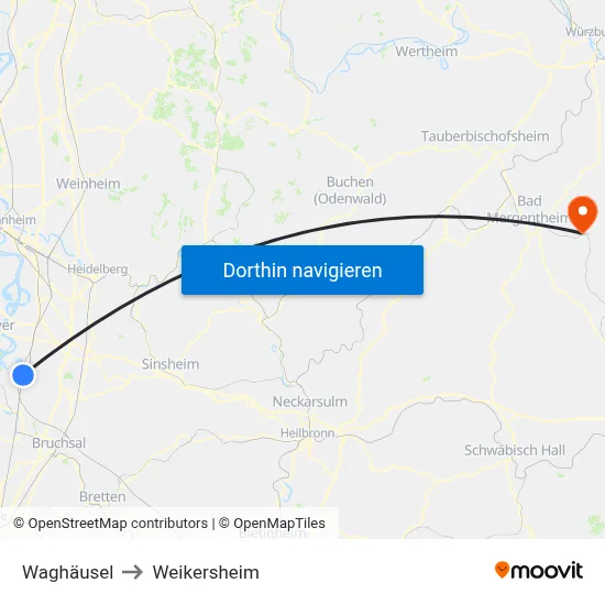 Waghäusel to Weikersheim map