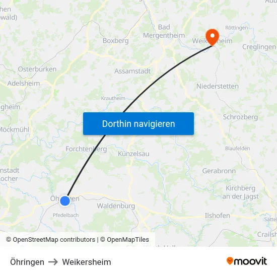 Öhringen to Weikersheim map