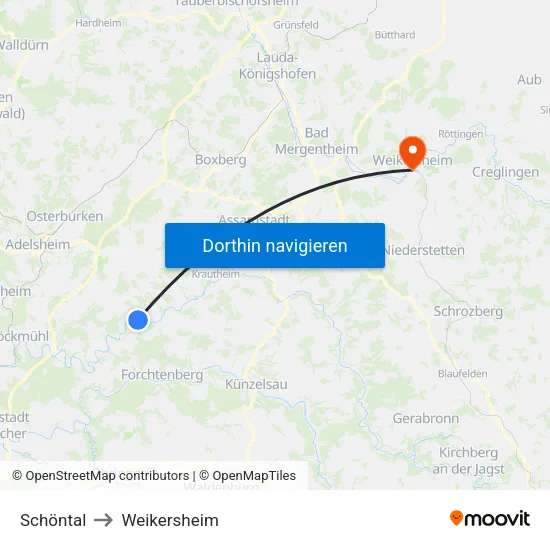Schöntal to Weikersheim map