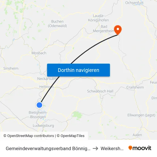 Gemeindeverwaltungsverband Bönnigheim to Weikersheim map