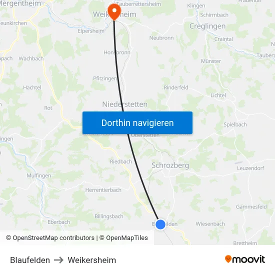 Blaufelden to Weikersheim map