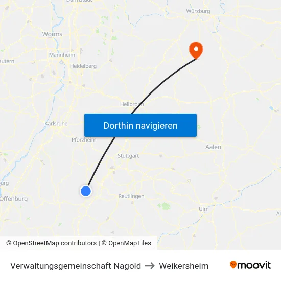 Verwaltungsgemeinschaft Nagold to Weikersheim map
