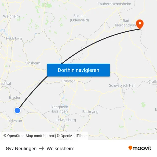 Gvv Neulingen to Weikersheim map