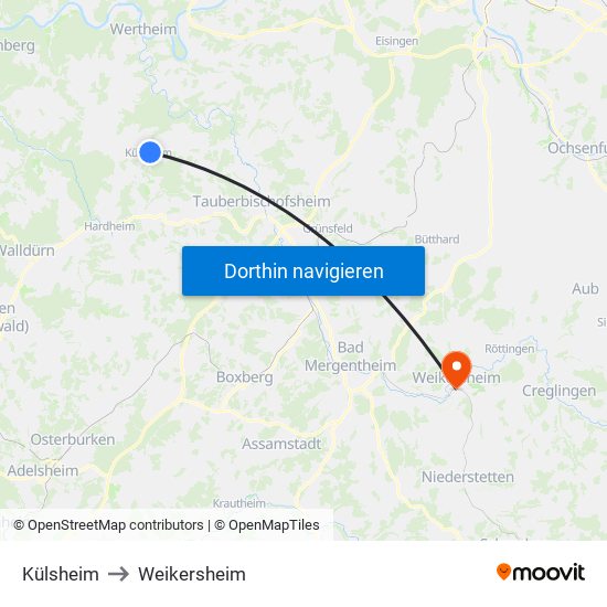 Külsheim to Weikersheim map