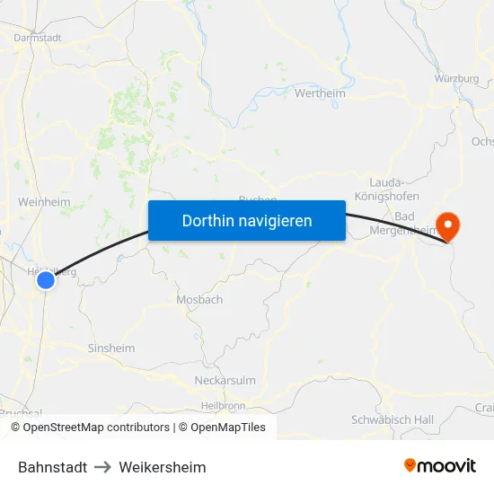 Bahnstadt to Weikersheim map