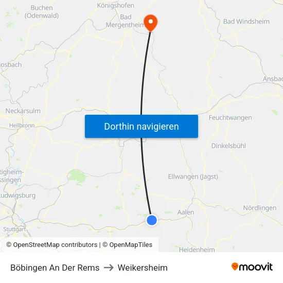Böbingen An Der Rems to Weikersheim map