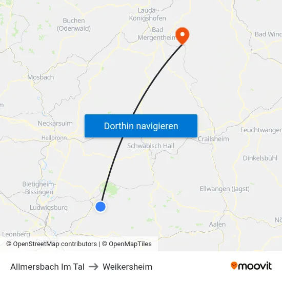 Allmersbach Im Tal to Weikersheim map