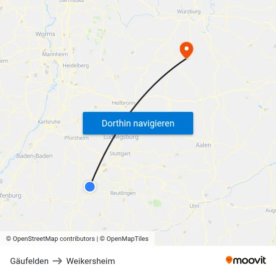 Gäufelden to Weikersheim map
