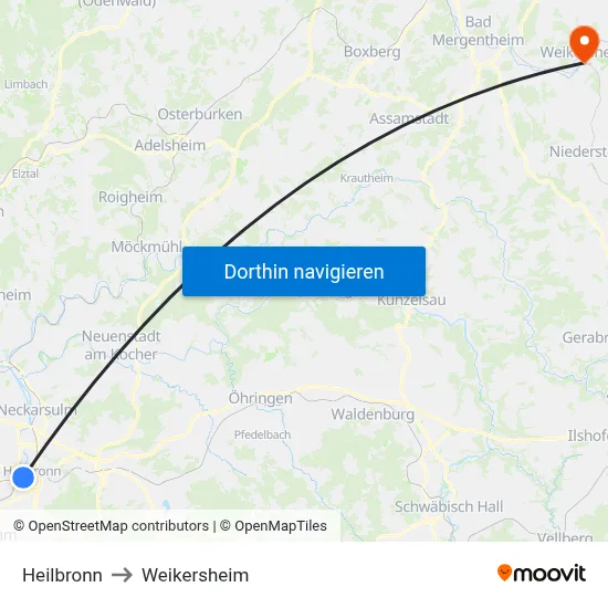 Heilbronn to Weikersheim map