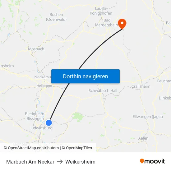 Marbach Am Neckar to Weikersheim map