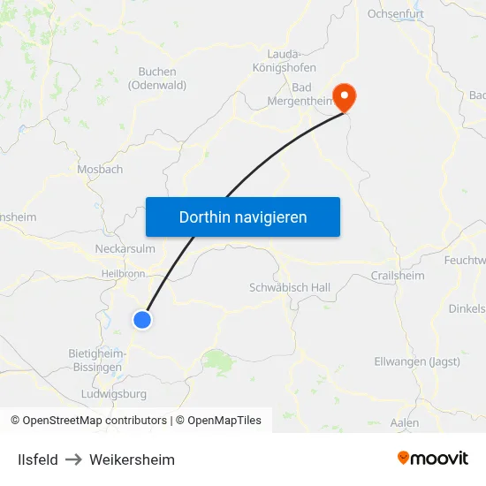 Ilsfeld to Weikersheim map