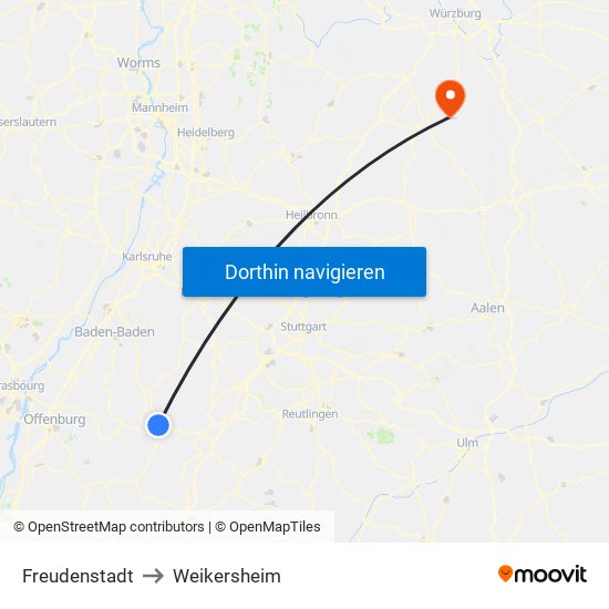 Freudenstadt to Weikersheim map