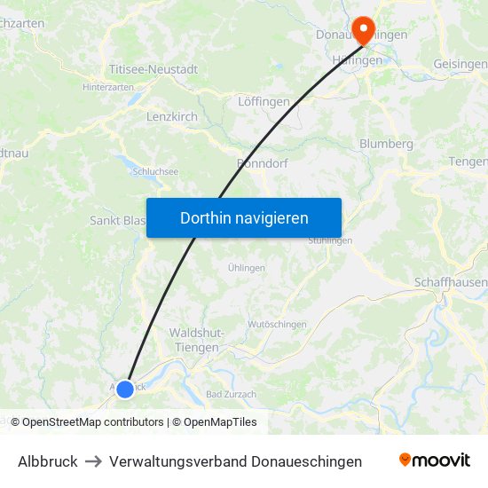 Albbruck to Verwaltungsverband Donaueschingen map