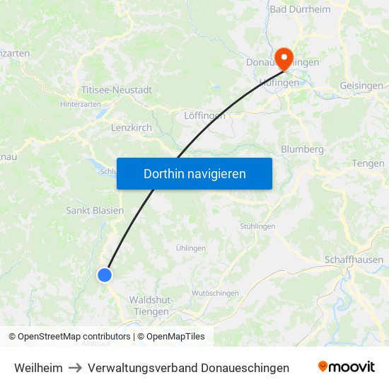 Weilheim to Verwaltungsverband Donaueschingen map