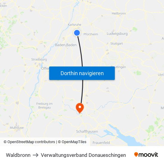 Waldbronn to Verwaltungsverband Donaueschingen map