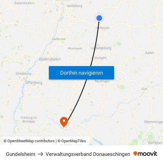 Gundelsheim to Verwaltungsverband Donaueschingen map