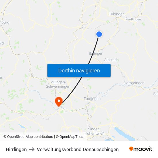 Hirrlingen to Verwaltungsverband Donaueschingen map