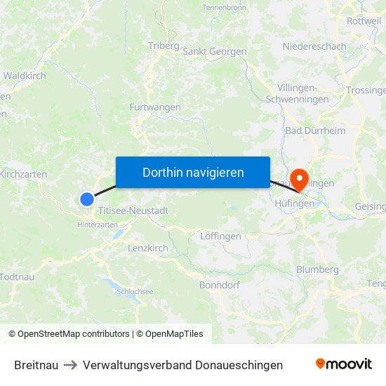 Breitnau to Verwaltungsverband Donaueschingen map