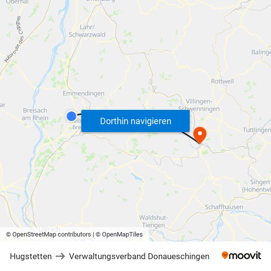 Hugstetten to Verwaltungsverband Donaueschingen map