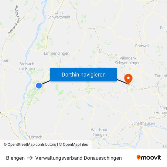 Biengen to Verwaltungsverband Donaueschingen map