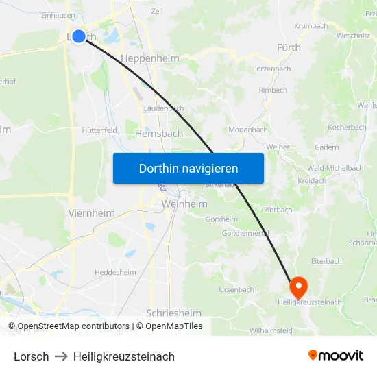 Lorsch to Heiligkreuzsteinach map
