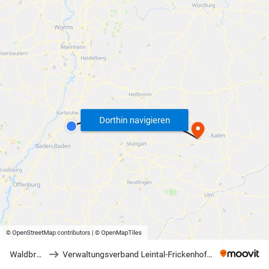 Waldbronn to Verwaltungsverband Leintal-Frickenhofer Höhe map