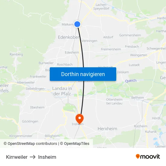 Kirrweiler to Insheim map