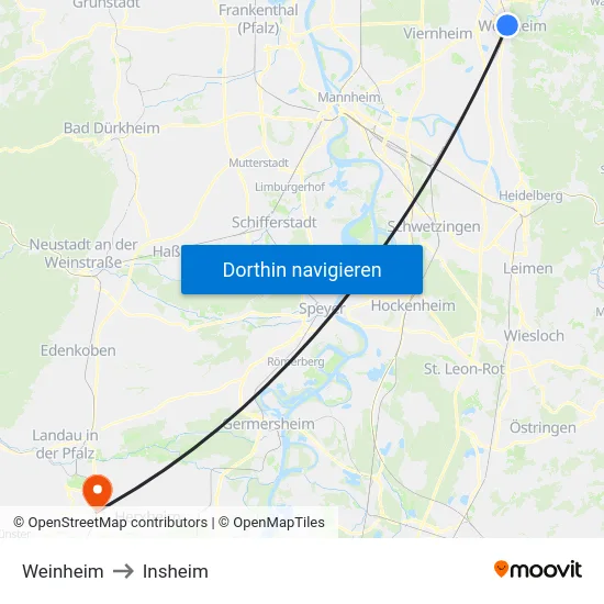 Weinheim to Insheim map