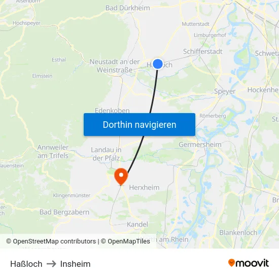 Haßloch to Insheim map