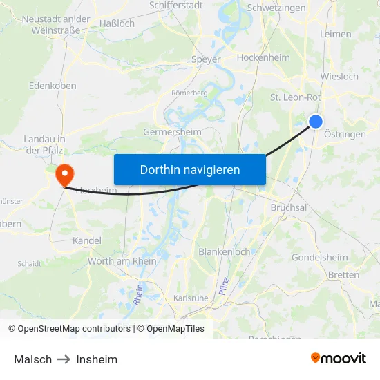 Malsch to Insheim map