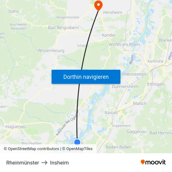 Rheinmünster to Insheim map