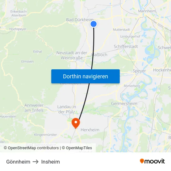 Gönnheim to Insheim map