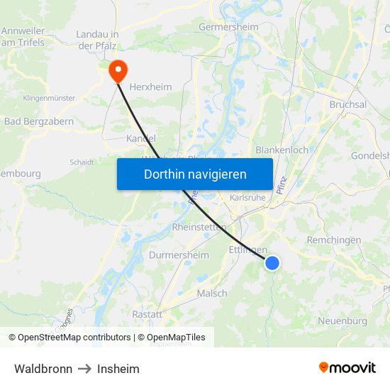 Waldbronn to Insheim map