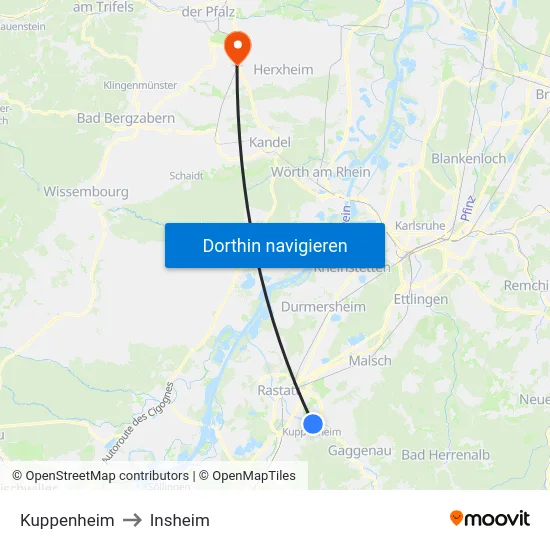 Kuppenheim to Insheim map