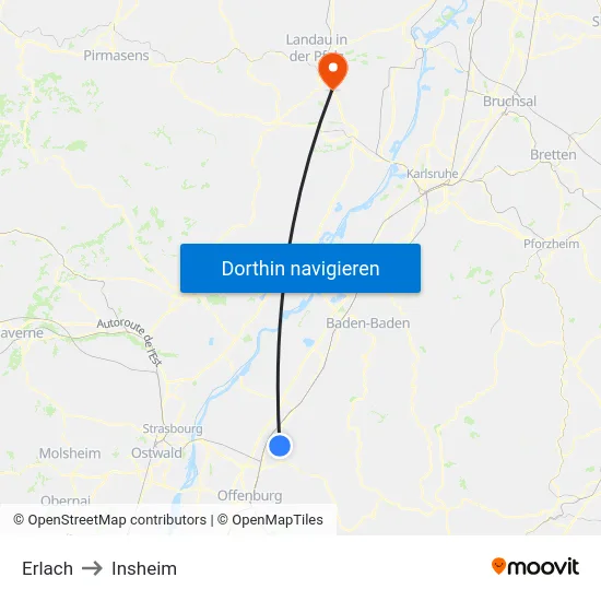 Erlach to Insheim map