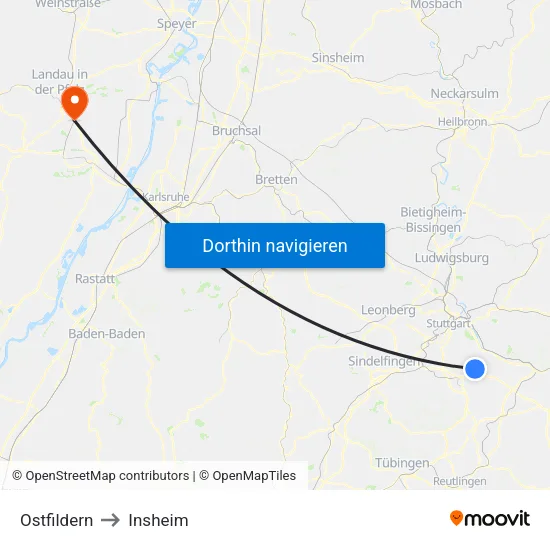Ostfildern to Insheim map