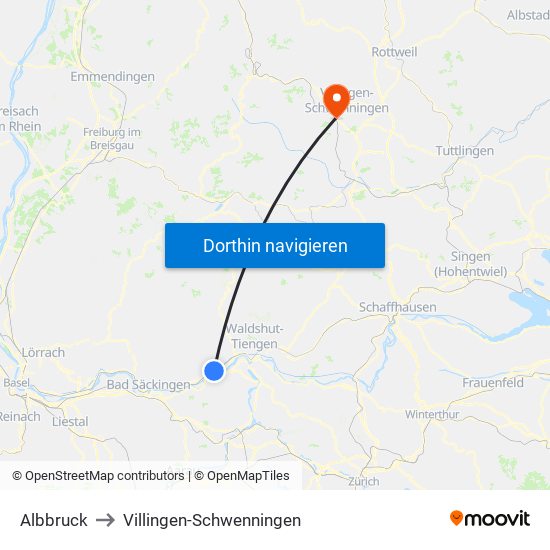 Albbruck to Villingen-Schwenningen map