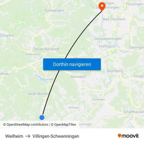Weilheim to Villingen-Schwenningen map