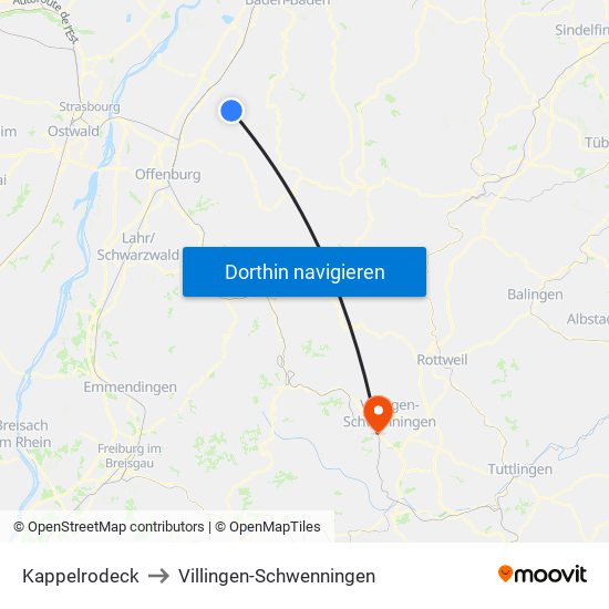 Kappelrodeck to Villingen-Schwenningen map