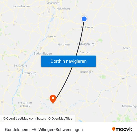 Gundelsheim to Villingen-Schwenningen map