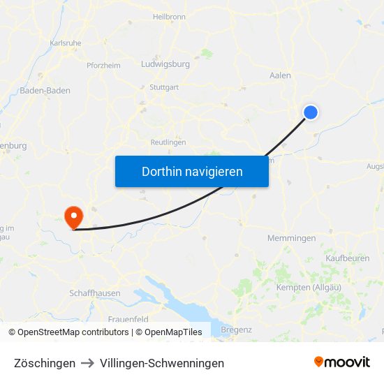 Zöschingen to Villingen-Schwenningen map